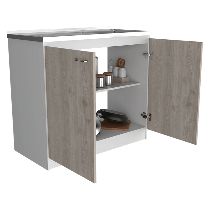 Gabinete Inferior Cantabria, Blanco y Humo, con Dos Puertas Batientes, con Mesón Derecho  ZF