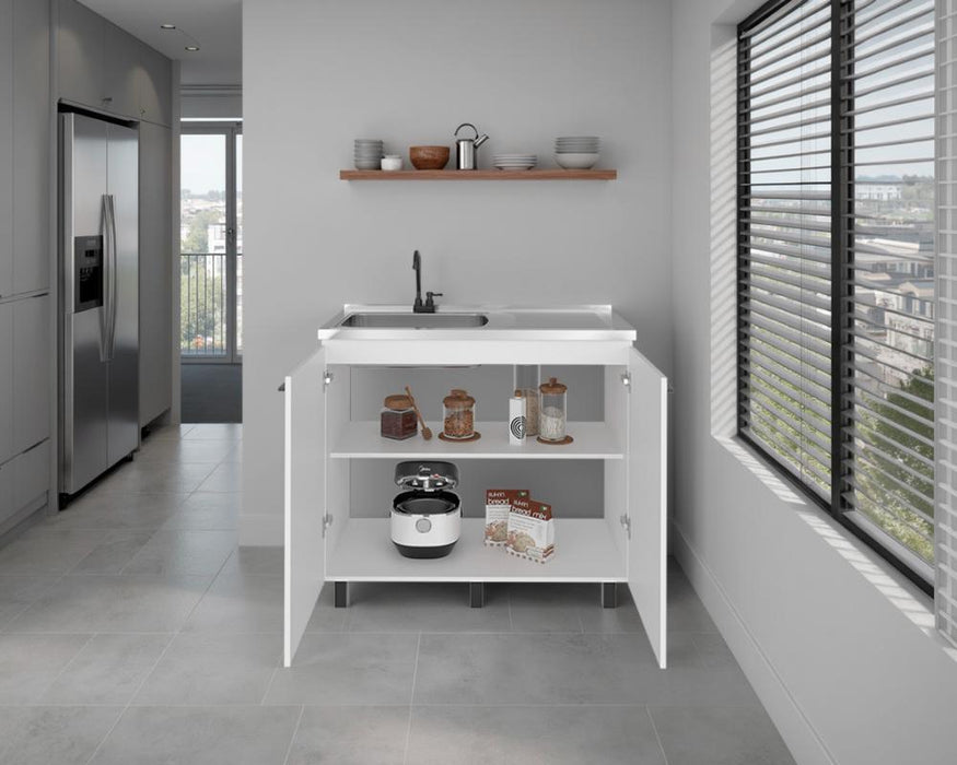 Gabinete Inferior Cantabria, Kronos Blanco, con dos Puertas Abatibles- Mesón Izquierdo y Grifería ZF