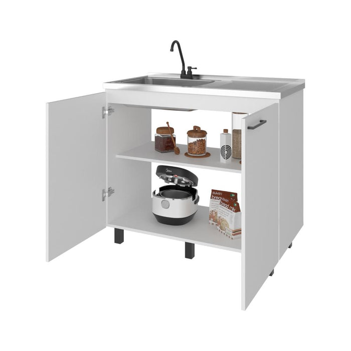 Gabinete Inferior Cantabria, Kronos Blanco, con dos Puertas Abatibles- Mesón Izquierdo y Grifería ZF