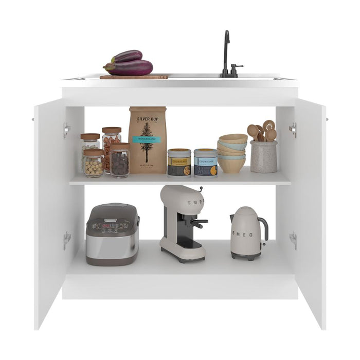 Gabinete Inferior Cantabria, Kronos Blanco Duqueza, con dos Puertas Abatibles- Mesón Izquierdo y Grifería ZF