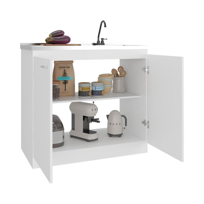 Gabinete Inferior Cantabria, Kronos Blanco Duqueza, con dos Puertas Abatibles- Mesón Izquierdo y Grifería ZF