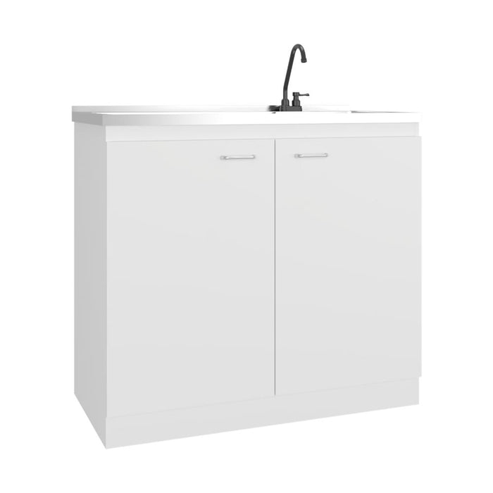 Gabinete Inferior Cantabria, Kronos Blanco Duqueza, con dos Puertas Abatibles- Mesón Izquierdo y Grifería ZF