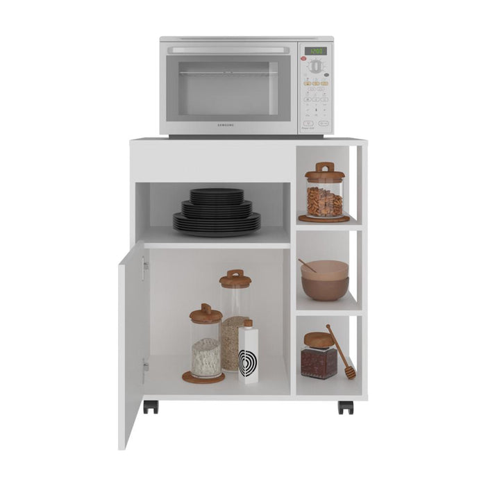 Modulo Microondas Con ruedas Kati, Kronos Blanco, una puerta abatible y compartimiento inferior de almacenamiento ZF