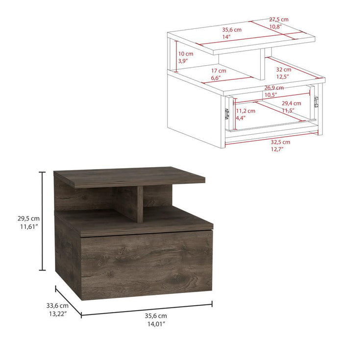 Mesa de Noche Flotante Nube, Nogal, con un Cajón y División de dos Entrepaños ZF - VIRTUAL MUEBLES