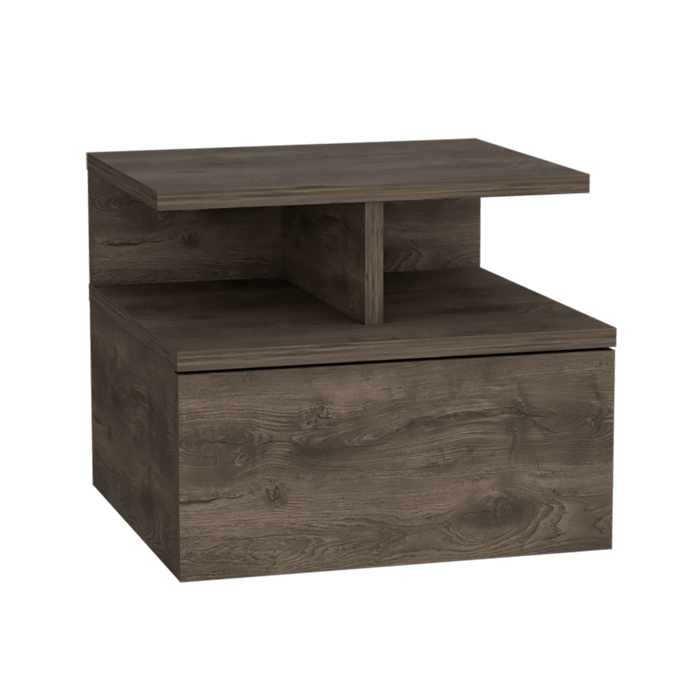 Mesa de Noche Flotante Nube, Avellana, con un Cajón y División de dos Entrepaños