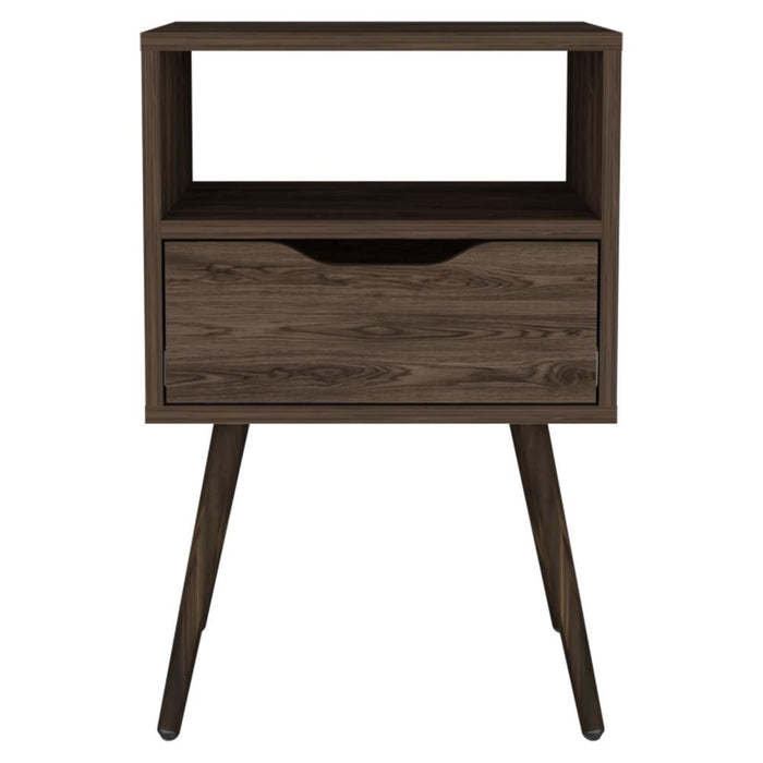 Mesa de Noche Alesio, Chocolate, con Patas en Madera y un Cajón ZF
