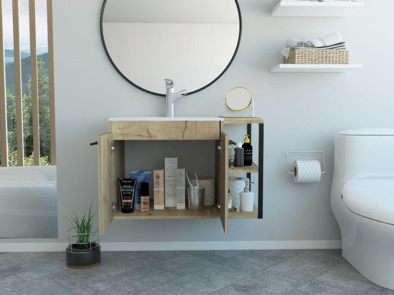 Mueble para Lavamanos Anney, Café Claro, con Dos Puertas y Dos Entrepaños 80 Incluye Lavamanos.