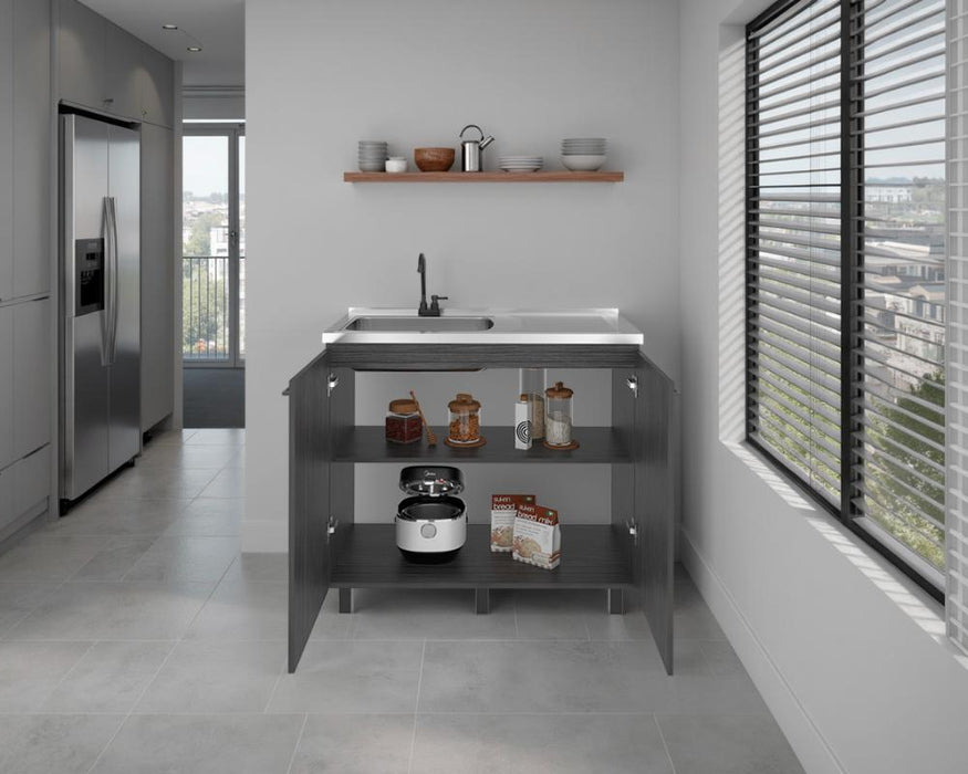 Gabinete Inferior Cantabria, Roble Gris, con dos Puertas Abatibles- Mesón Izquierdo y Grifería ZF