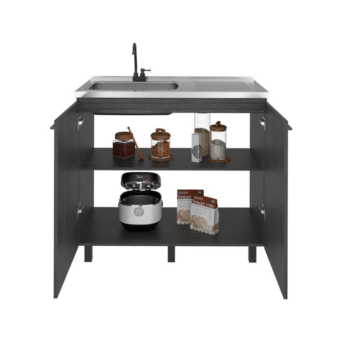 Gabinete Inferior Cantabria, Roble Gris, con dos Puertas Abatibles- Mesón Izquierdo y Grifería ZF