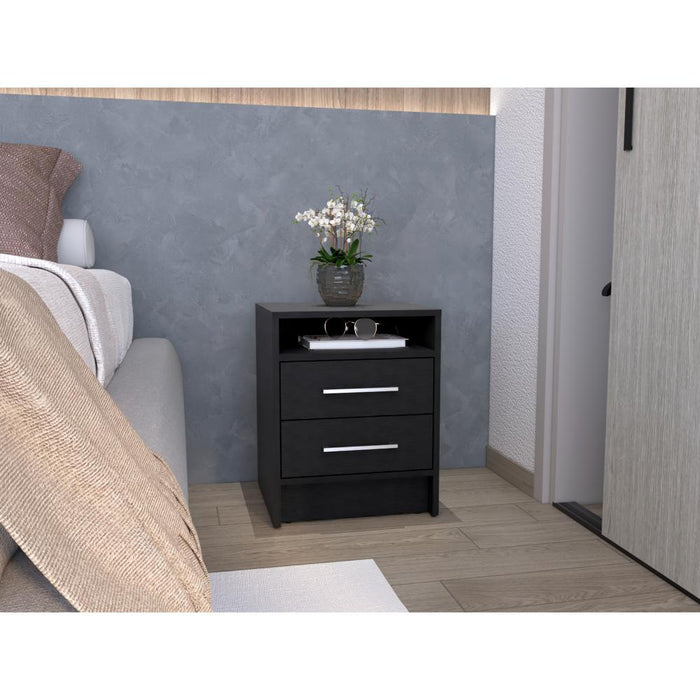 Mesa de Noche Douglas II, Wengue, con Un Entrepaño Superior y Dos Cajones Organizadores