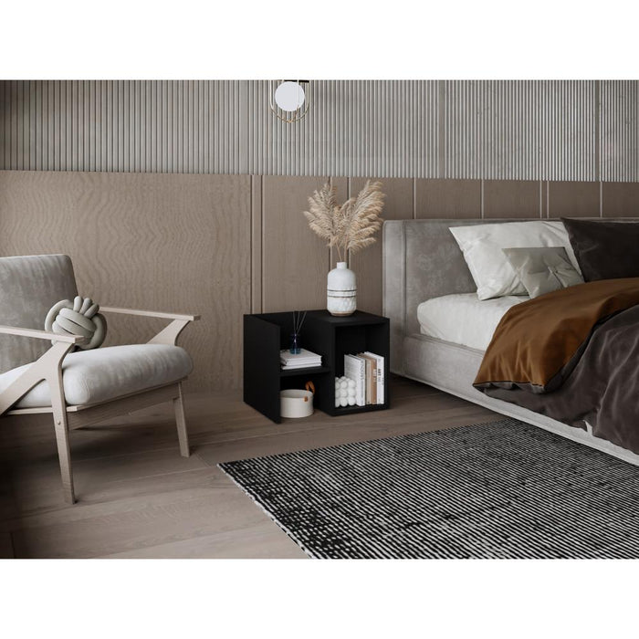 Mesa de Noche Ocaso, Wengue, Con variedad de entrepaños para ubicar objetos, diseño moderno ZF