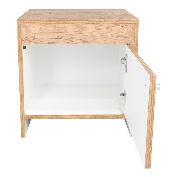 Mesa de Noche Tutto, Macadamia y Blanco, con Cajón Para Guardar Objetos Ideal Para Espacios Reducidos