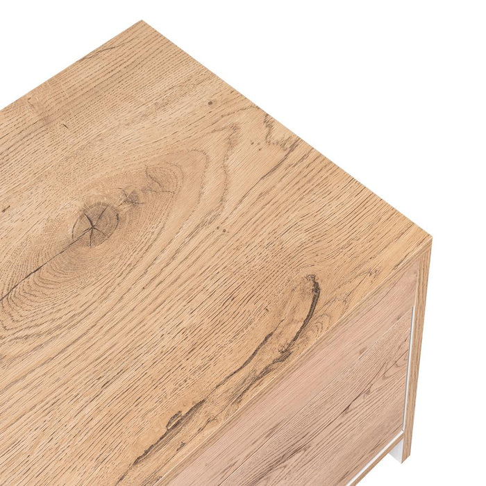 Mesa de Noche Tutto, Macadamia y Blanco, con Cajón Para Guardar Objetos Ideal Para Espacios Reducidos