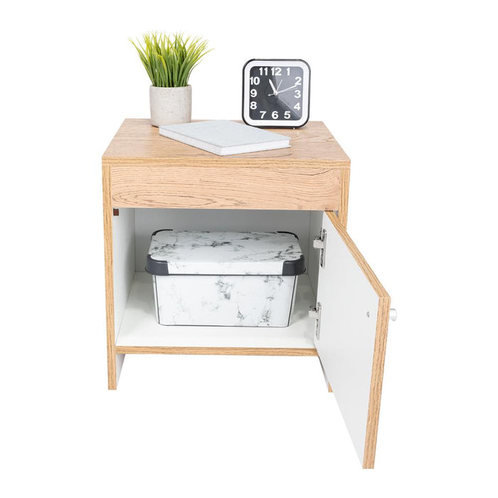 Mesa de Noche Tutto, Macadamia y Blanco, con Cajón Para Guardar Objetos Ideal Para Espacios Reducidos X2