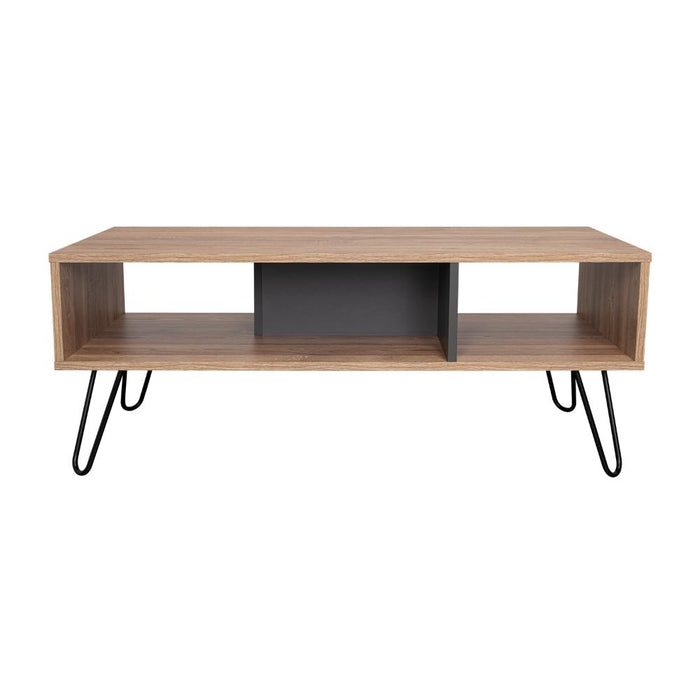 Mesa de Centro Lara, Fresno Europeo y Plata Oscuro, con Amplio Espacio y Patas de Acero