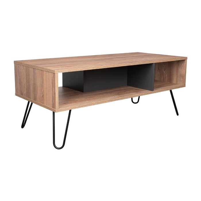 Mesa de Centro Lara, Fresno Europeo y Plata Oscuro, con Amplio Espacio y Patas de Acero