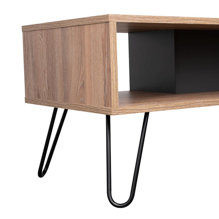 Mesa de Centro Lara, Fresno Europeo y Plata Oscuro, con Amplio Espacio y Patas de Acero