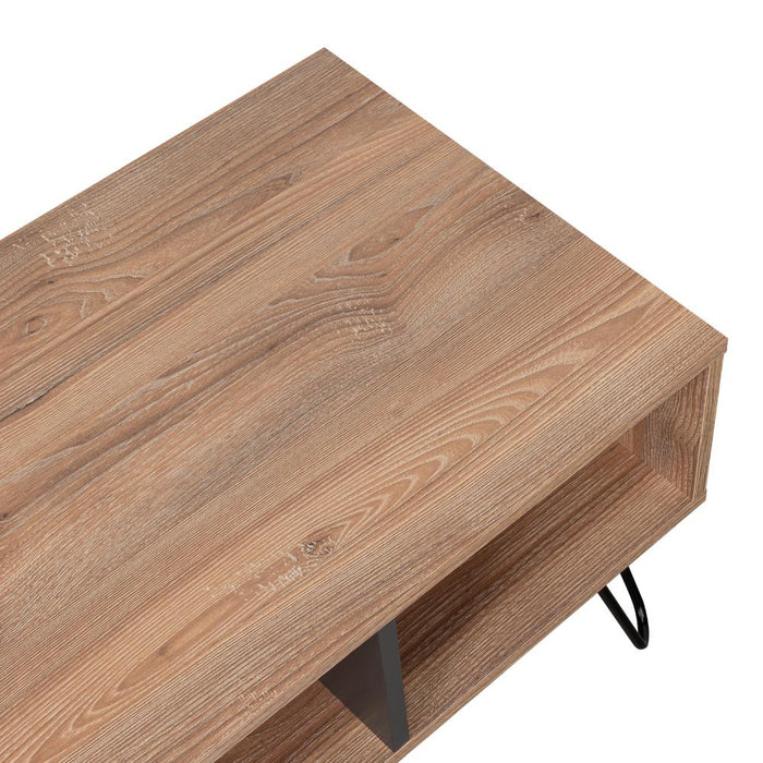 Mesa de Centro Lara, Fresno Europeo y Plata Oscuro, con Amplio Espacio y Patas de Acero