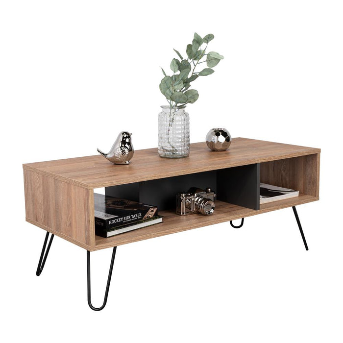 Mesa de Centro Lara, Fresno Europeo y Plata Oscuro, con Amplio Espacio y Patas de Acero