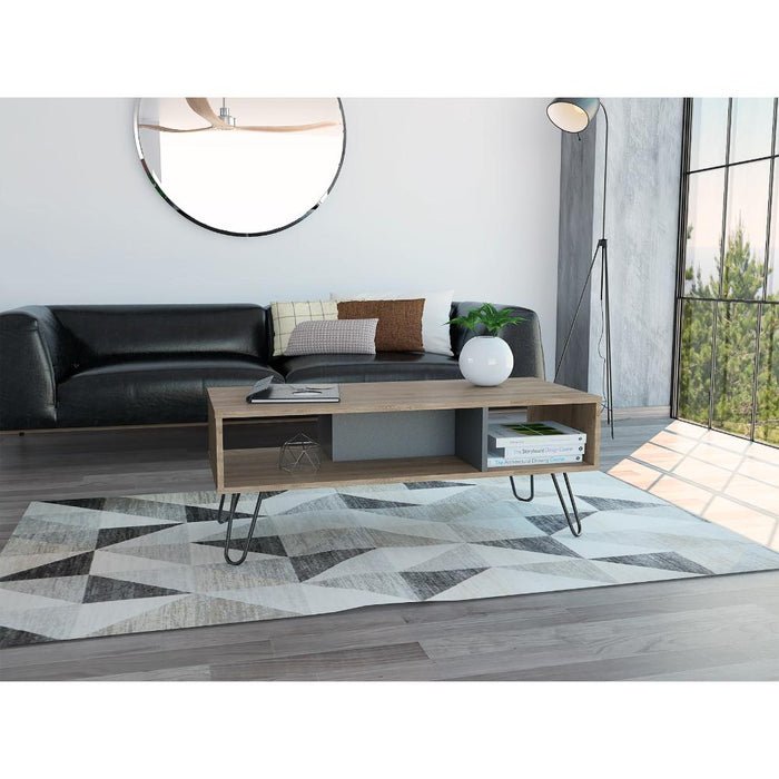 Mesa de Centro Lara, Fresno Europeo y Plata Oscuro, con Amplio Espacio y Patas de Acero
