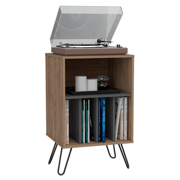 Mueble Auxiliar Lara, Miel y Plata Oscuro, con Patas En Acero y Espacio Para Objetos Decorativos
