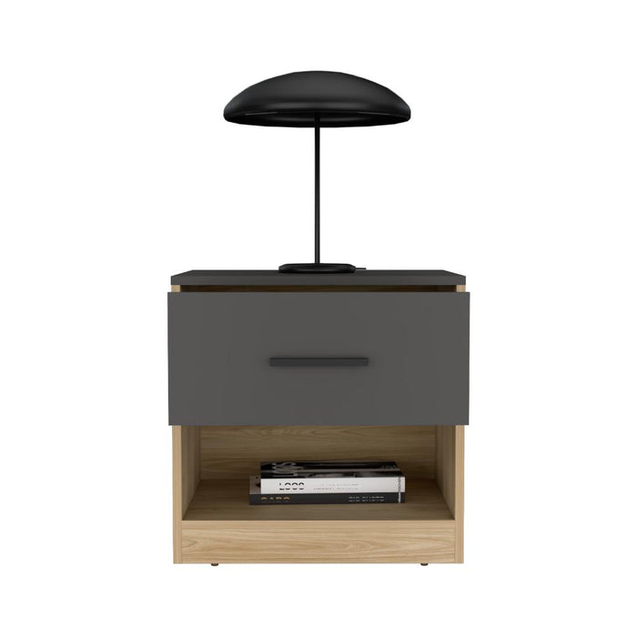 Mesa de Noche Giroa, Plata Oscuro y Fresno Europeo, con espacio para colocar objetos decorativos