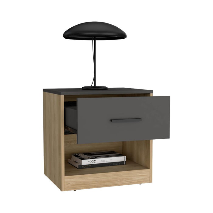 Mesa de Noche Giroa, Plata Oscuro y Fresno Europeo, con espacio para colocar objetos decorativos