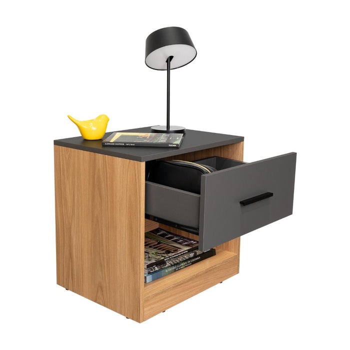 Mesa de Noche Ader, Plata Oscuro y Fresno Europeo, facil armado e instalacion ZF