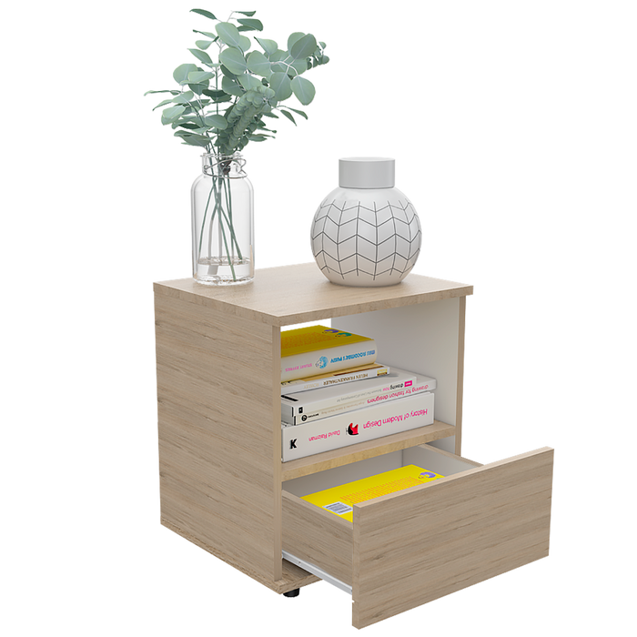 Mesa de noche oliver, beige, con un cajón inferior deslizable