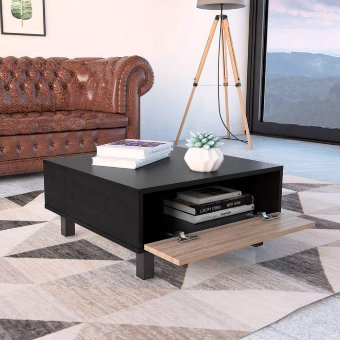 Mesa de Centro Wesley, Wengue y Miel, con Un Cajón Amplio y Patas En Acero