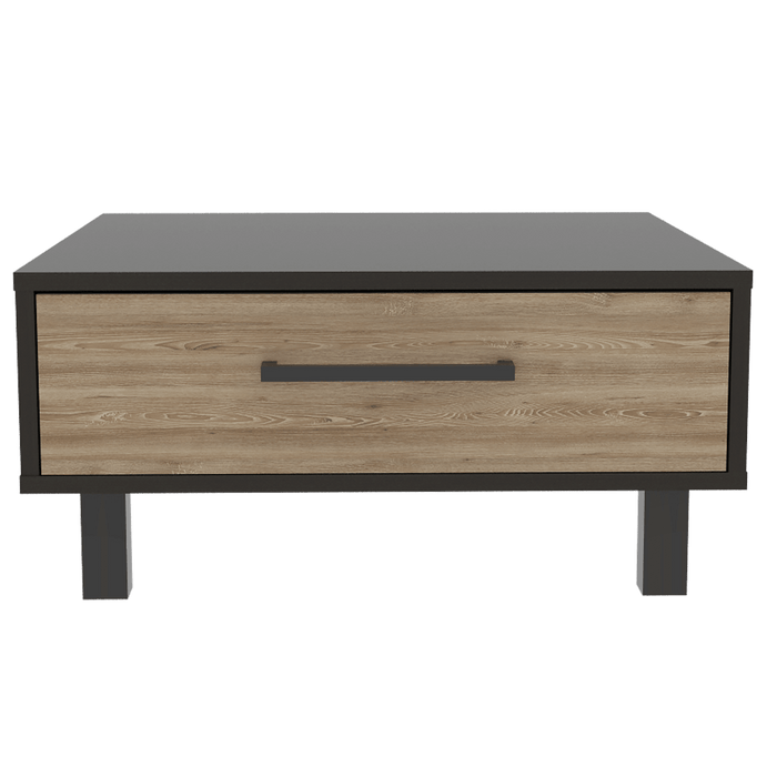 Mesa de Centro Wesley, Wengue y Miel, con Un Cajón Amplio y Patas En Acero