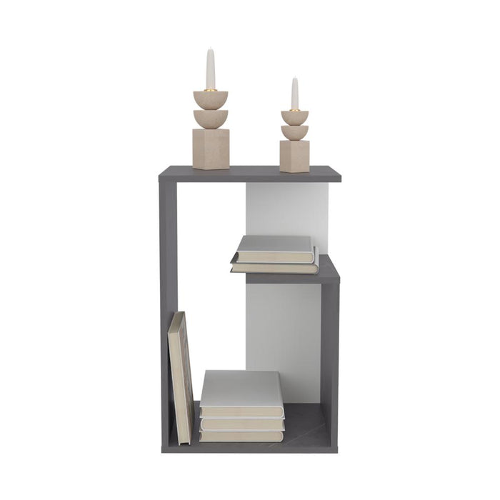 Mesa Auxiliar Evert, Piedra y Blanco Duqueza, con diseño moderno y espacio para ubicar objetos