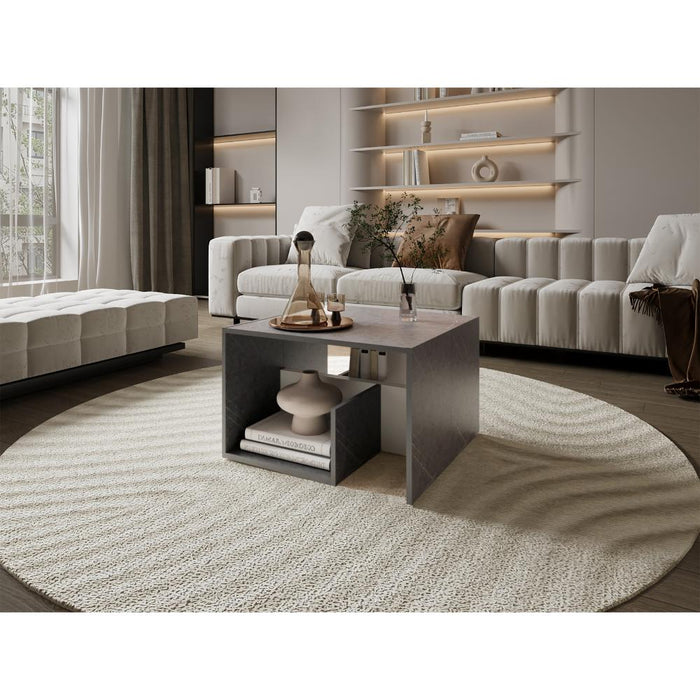 Mesa Auxiliar Evert, Piedra y Blanco Duqueza, con diseño moderno y espacio para ubicar objetos