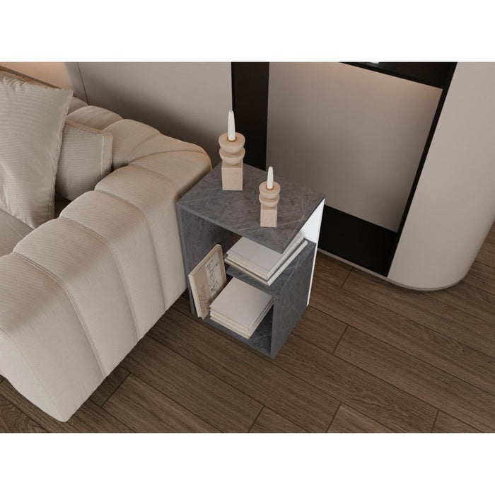 Mesa Auxiliar Evert, Piedra y Blanco Duqueza, con diseño moderno y espacio para ubicar objetos