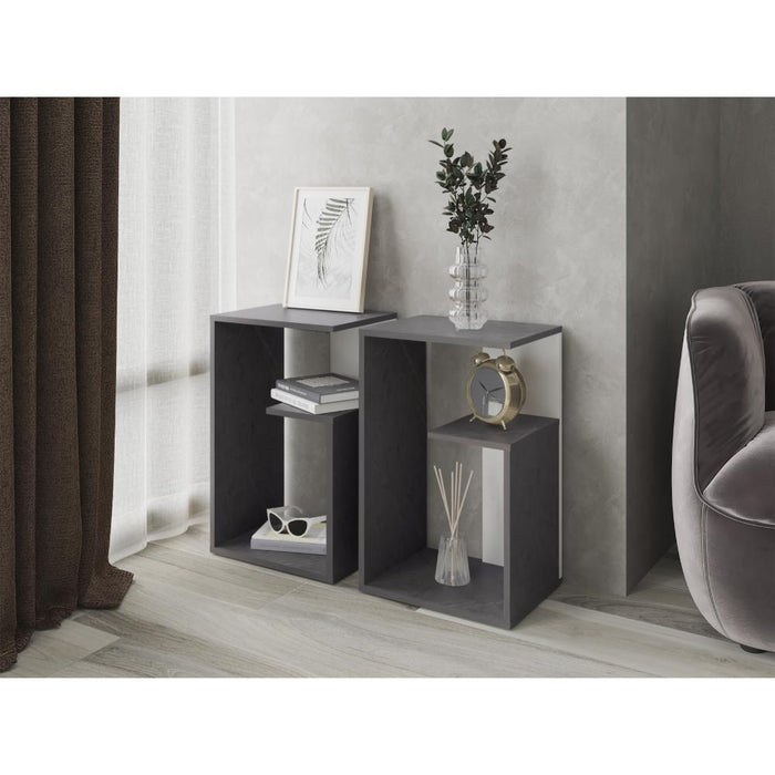 Mesa Auxiliar Evert, Piedra y Blanco Duqueza, con diseño moderno y espacio para ubicar objetos