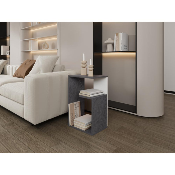Mesa Auxiliar Evert, Piedra y Blanco Duqueza, con diseño moderno y espacio para ubicar objetos