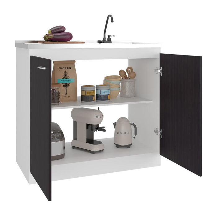 Gabinete Inferior Cantabria, Kronos Blanco y Kronos Wengue, con dos Puertas Abatibles- Mesón derecho y Grifería ZF