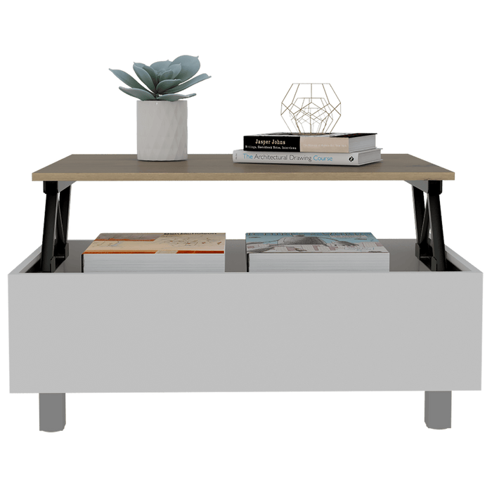 Mesa de Centro Albar, Blanco y Café Claro, con Entrepaño Extensible y espacio para almacenamiento ZF