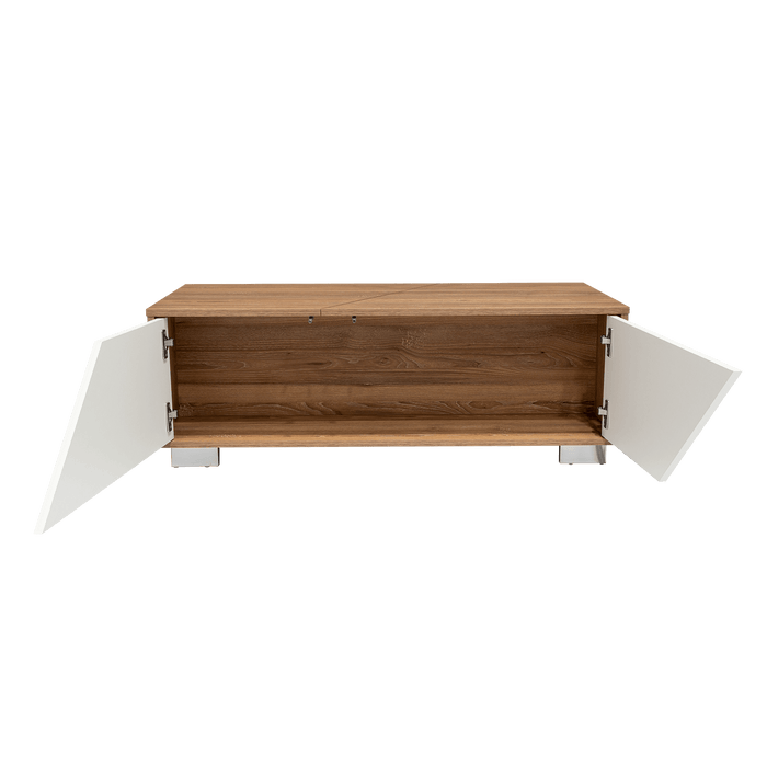 Mesa de Centro Orus, Miel y Blanco, con Cuatro Puertas y Patas En Acero