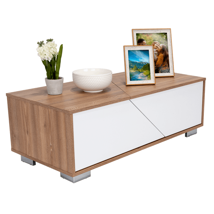 Mesa de Centro Orus, Miel y Blanco, con Cuatro Puertas y Patas En Acero