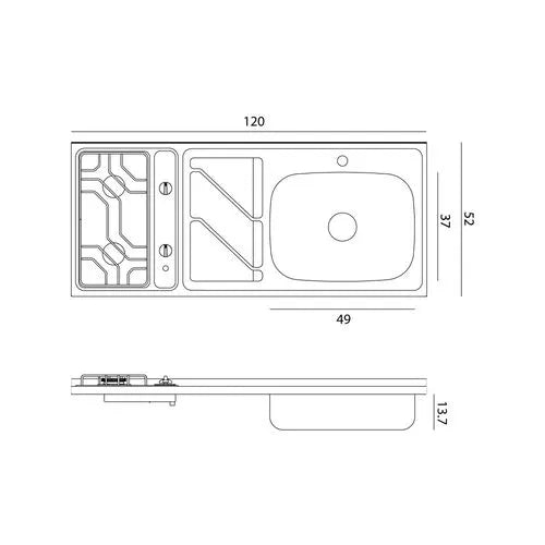 Mesón con lavaplatos en acero inoxidable 120×52 cm y estufa a gas marca Socoda