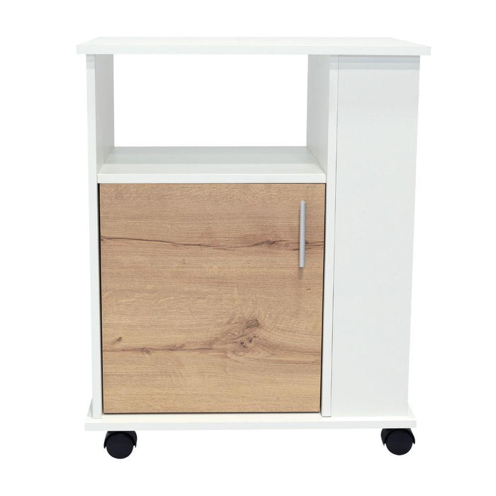 Módulo Microondas Tahara, Café Claro y Blanco, con Rodachinas Plásticas y Amplio Espacio Para Almacenar