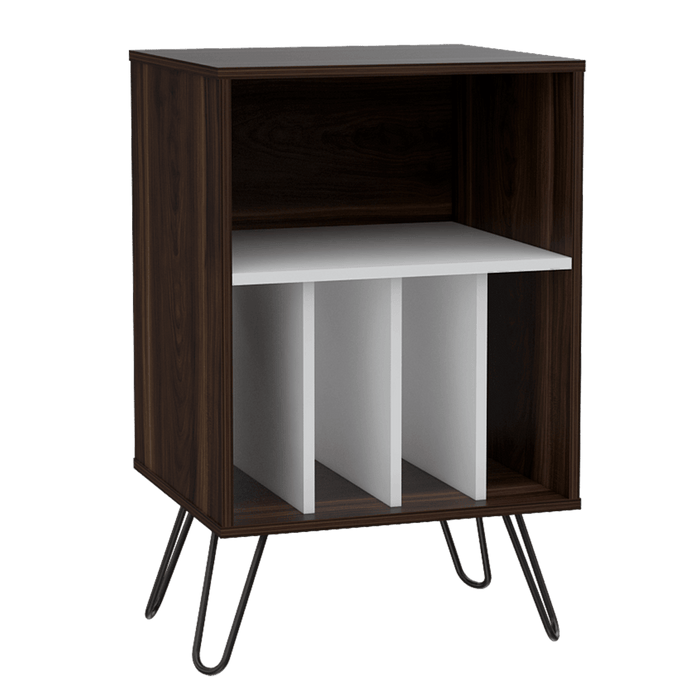 Mueble Auxiliar Lara, Caoba y Blanco, con Patas En Acero y Espacio Para Objetos Decorativos