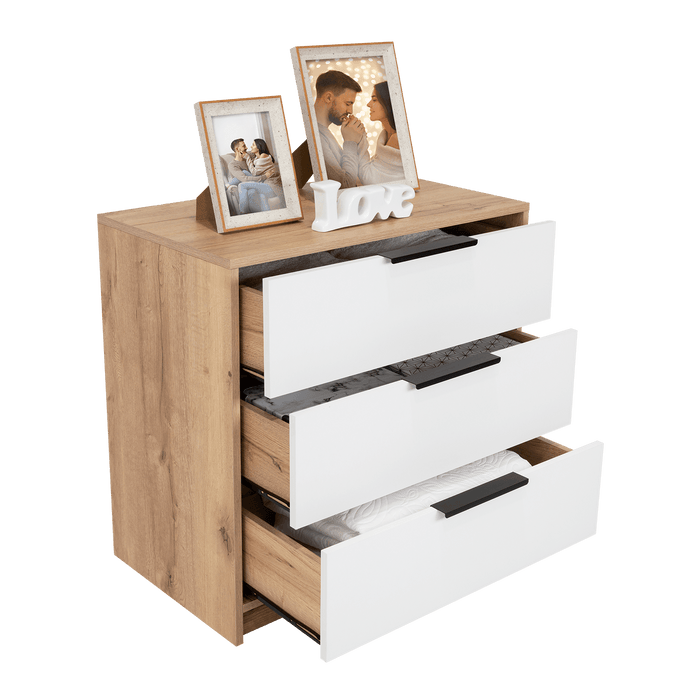 Organizador Wesley, Fresno Europeo y Blanco, con Tres Cajones Multiusos y Manijas Metálicas