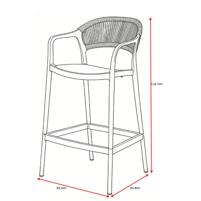 Silla para Bar Bali, Gris, Con espaldar en cuerdas y diseño Moderno