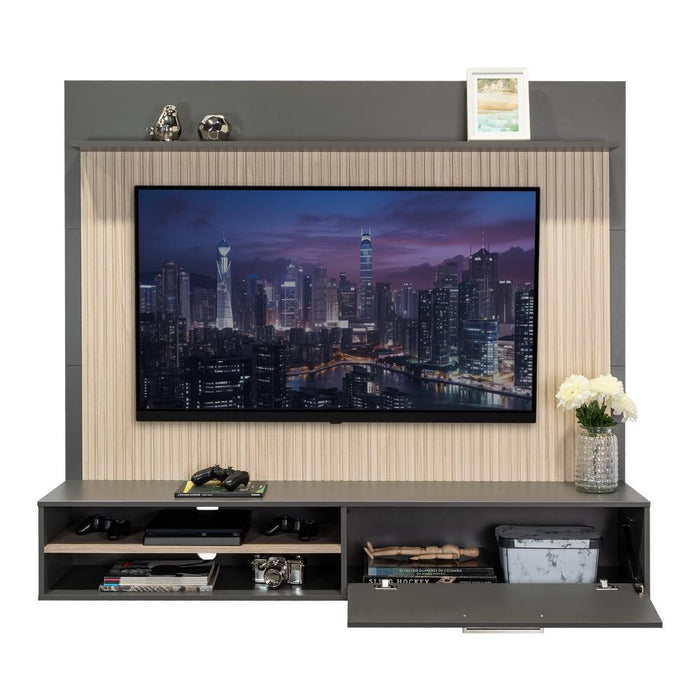 Panel de Tv Hober, Plata Oscuro y Bardolino, Con espacio para televisor desde 55" hasta 70"