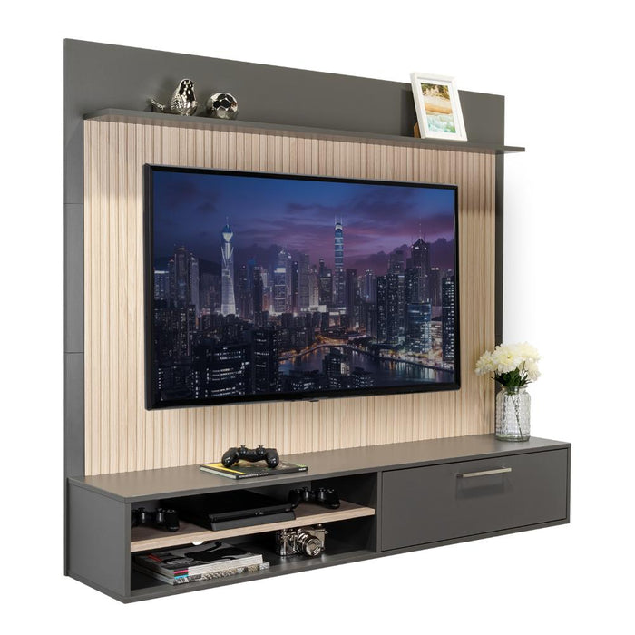 Panel de Tv Hober, Plata Oscuro y Bardolino, Con espacio para televisor desde 55" hasta 70"