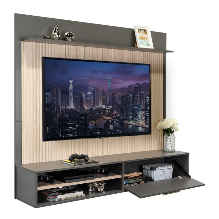 Panel de Tv Hober, Plata Oscuro y Bardolino, Con espacio para televisor desde 55" hasta 70"