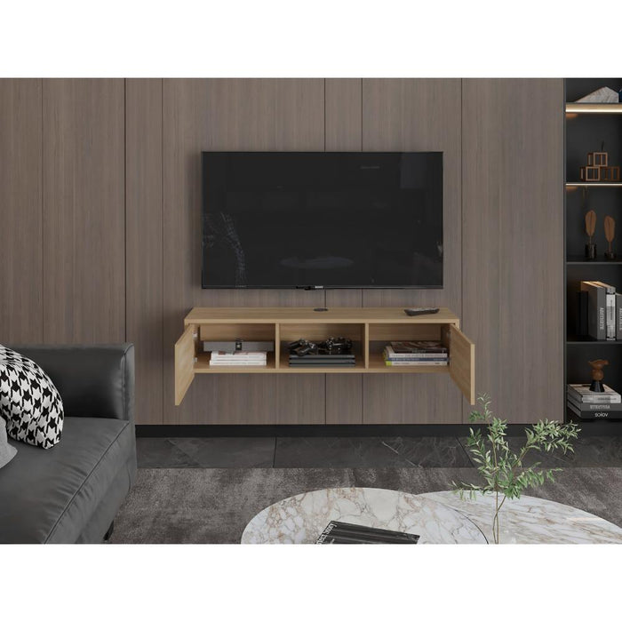 Mesa Para Tv Flotante Gleid, Fresno Europeo, con Dos Puertas Abatibles