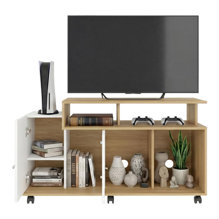 Mesa Para Tv Atena, Fresno Europeo y Blanco Nevado, con Espacio Para Televisor de 44 Pulgadas